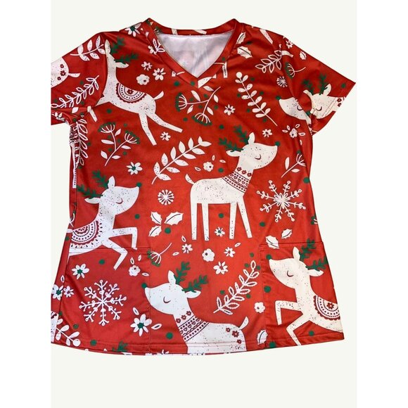 Medical Nurse Scrub TopReindeer Print V-Neck Reindeer Holiday Print - Picture 2 of 7